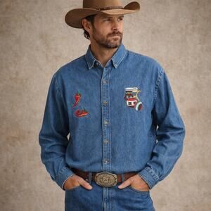 Vintage Denim Western Embroidered 90s Aztec Southwest Button Up Shirt Men’s Lg